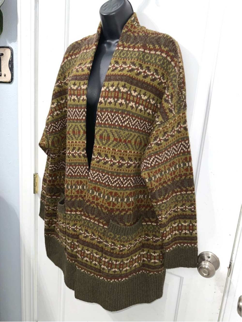 Orvis olive mix Fair Isle merino long cardigan sweater size Large - Picture 3 of 7